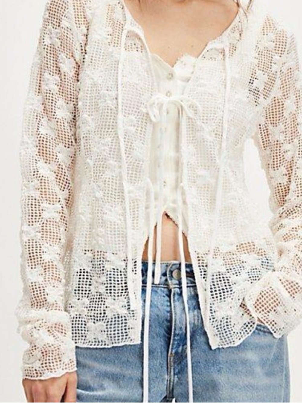 Free People Julie White Crochet Tie-Front Knit Top Size Medium - Picture 4 of 8